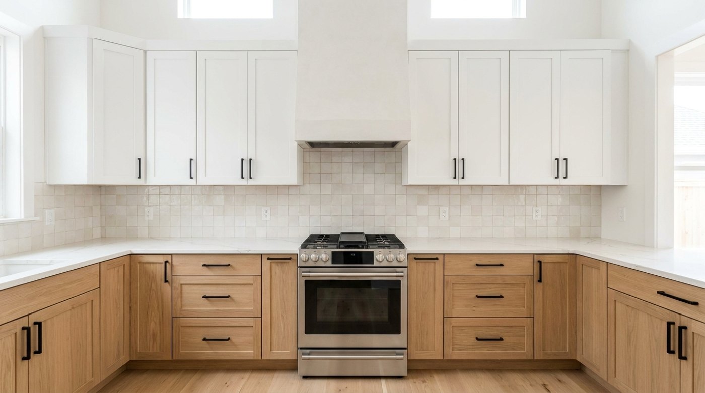 Two-tone kitchen: white shaker uppers, white oak lowers