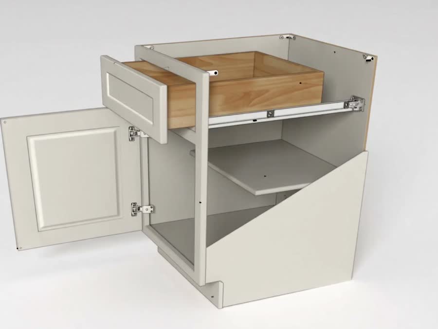 Exploded view of a Swift base cabinet: plywood box, solid hardwood frame, dovetail drawer, soft-close hardware